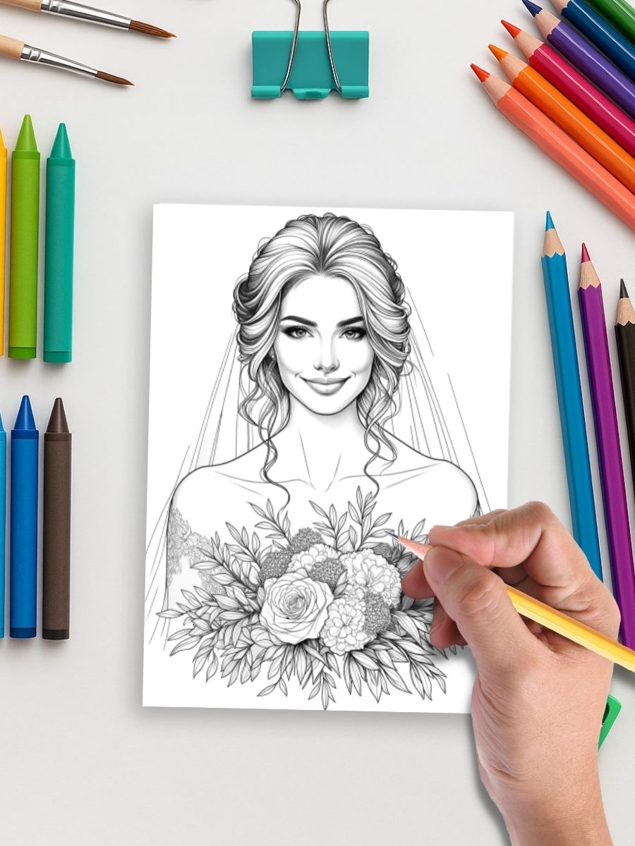 Wedding Blossoms – 30 Bride & Bouquet Coloring Pages 5 Wedding Blossoms – 30 Bride & Bouquet Coloring Pages - Image 5