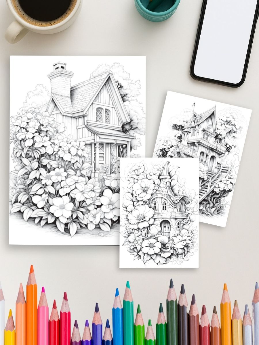Homes in Bloom – 100 Floral House Coloring Pages 3 Homes in Bloom – 100 Floral House Coloring Pages - Image 3