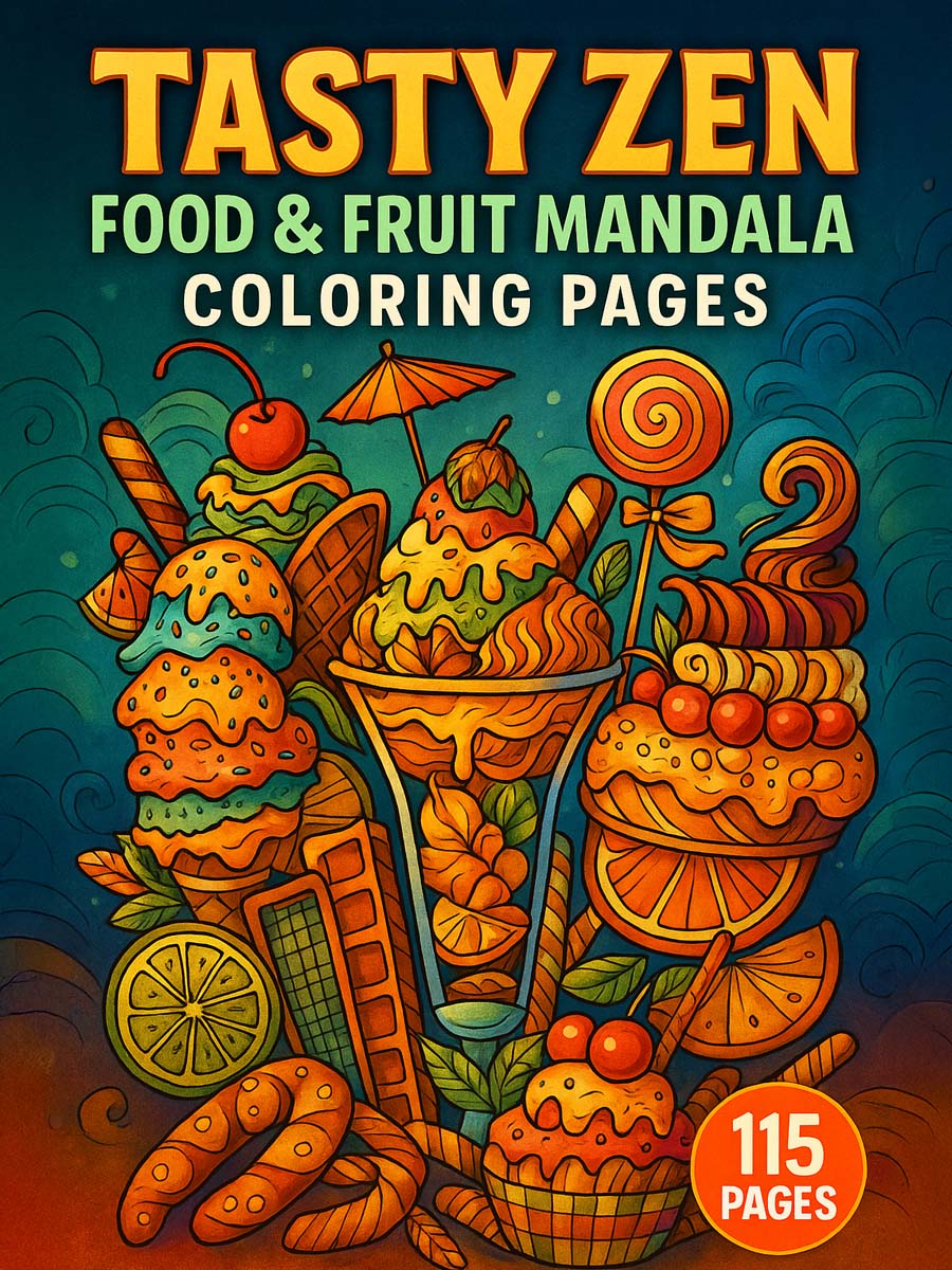 Tasty Zen – 115 Food & Fruit Mandala Coloring Pages 1 Tasty Zen – 115 Food & Fruit Mandala Coloring Pages